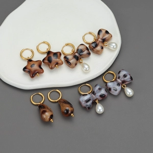 Stainless Steel Hoop Earrings With Leopard Print Resin Bow And Faux Artificial Pearl Drop Vintage Retro Style For Women