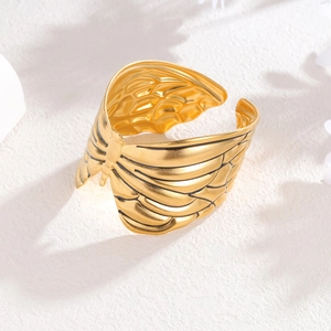 18k gold plated stainless steel wide open ring featuring a butterfly wing texture design