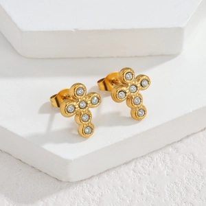 Eleganti orecchini a croce in acciaio inossidabile dorato con pietre di zircone