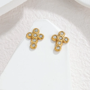 Orecchini a perno a croce in acciaio inossidabile placcato oro 18K con cristalli brillanti