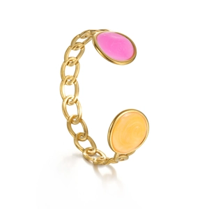 18k gold plated stainless steel link chain open bangle with pink and yellow enamel accents