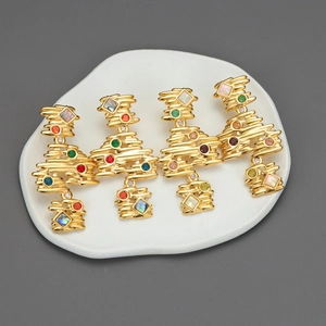 Stainless Steel Drop Earrings 18K Gold Plated Geometric Irregular Colorful Zircon Mother Of Artificial Pearl Abstract Art For Women