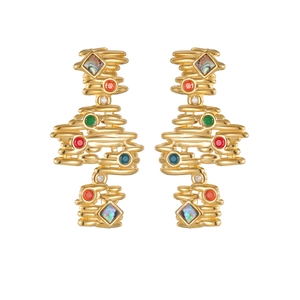 Irregular 18k gold earrings with stacked fluid stripes and multi-colored gemstones