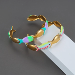 Bracelet Jonc Ouvert Poisson Plaqué Or 18K Acier Inoxydable Émail Coloré Forme Animale Bijoux De Luxe Pour Femmes