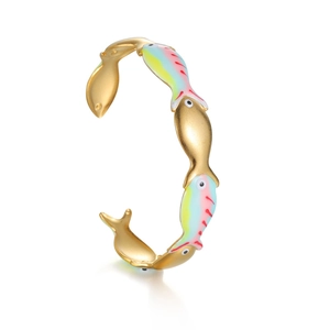 Bracelet jonc ouvert en forme de poisson plaqué or 18k avec émail coloré élégant