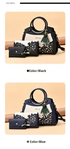 Detail von dreiteiligem Handtaschen-Set mit Blumenmuster-Ausschnitt und Plüsch-Anhänger