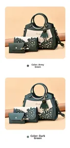 Detailansicht des 3-teiligen Taschen-Sets mit Blumen-Cut-Outs und Metallanhänger