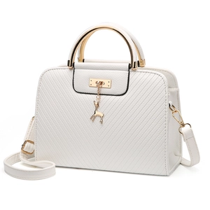 Women Top Handle Handbag Embossed Leather V-Shaped Quilted Crossbody Bag With Gold Deer Pendant Metal Ring Handle Fashion
