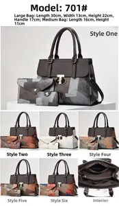 Detailed view of the 3-piece geometric handbag set showing dimensions and multiple color options