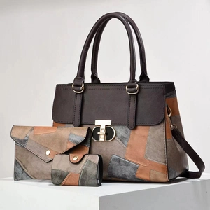 Three-piece color-block handbag set with tote, clutch and purse in brown and grey tones