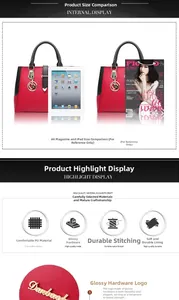Detail of red and black PU handbag showing size comparison with an iPad and A4 magazine
