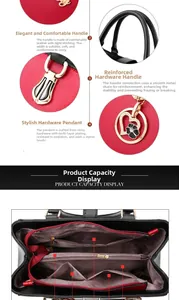 Detail of red and black PU leather handbag with multi-layer hardware and floral charm
