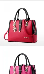 Dual view of elegant PU leather handbags in red and rose pink with heart charm and straps