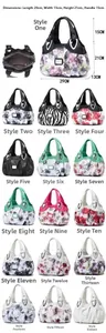 Detailed size chart showing a 29x13x21 cm large capacity handbag in various printed patterns