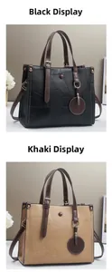 Detail of color-block tote bag in black and khaki with metallic buckle and shoulder strap