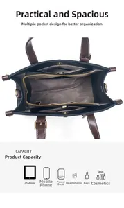 Top view of color-block leather tote showing interior pockets and large storage space