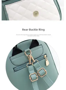 Detail of mint green quilted backpack showing adjustable straps and back D-ring buckles