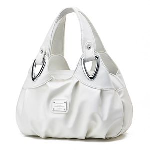 White minimalist tote bag with ruched synthetic leather and triangular metal hardware