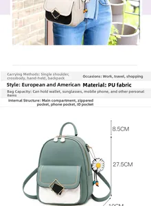 Detail view of the PU leather backpack with daisy charm and dimensions specifications