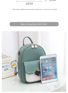 Morandi green mini backpack with quilted pocket shown next to iPad for size comparison