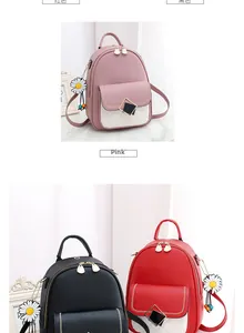 Detail of pink, red, and black PU leather backpacks with quilted pockets and daisy charms