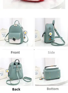 Four-angle view of a mint green fashion backpack with daisy charm and quilted detail