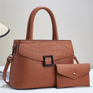 2-in-1 brown crocodile pattern handbag set with crossbody strap and small clutch bag