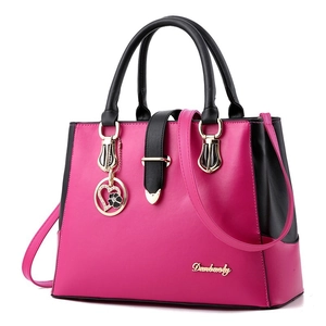 Fashionable rose red and black PU leather tote bag with elegant heart charm and gold logo