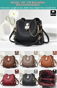 Detailed size specifications and multi-color internal compartments of the chic bucket bag
