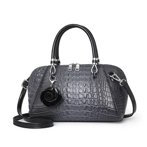 Classic grey crocodile pattern Boston handbag with rose pendant and detachable strap