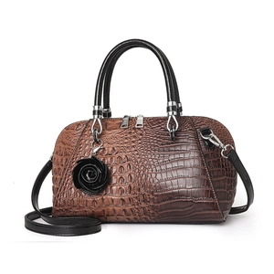 Classic brown crocodile pattern Boston handbag with gradient finish and rose charm