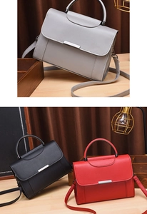 Detailed display of minimalist handbags in gray black and red with metal buckle
