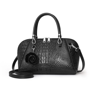 Classic black crocodile pattern Boston handbag with rose pendant and silver hardware