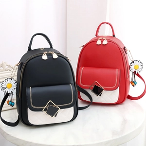 Women Mini Backpack PU Leather Quilted Diamond Pattern Daisy Charm Fashion Color Block Casual Travel Bag For Girls