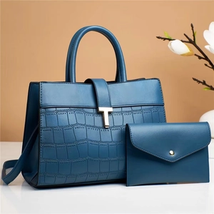 Deep blue textured tote bag set with crocodile pattern and golden T-shaped hardware detail