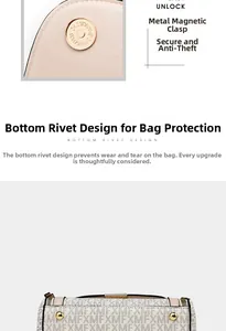 Detail view of magnetic hardware buckle and protective metal studs on crossbody bag