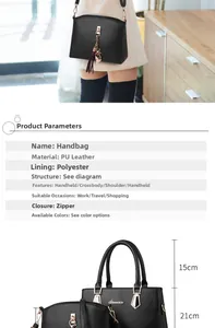 Detailed size specifications for a two-piece black PU leather tote bag and messenger set
