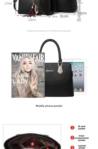 Detailed size comparison and internal compartments of the black PU leather handbag set