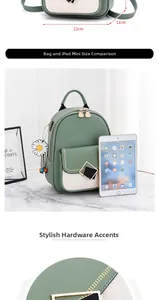 Detailed size comparison of a green quilted backpack with an iPad Mini on a desk