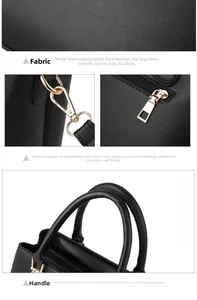 Detail of premium black PU leather tote with polished metal hardware and round handles