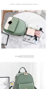 Detail view of stylish green backpack capacity fitting iPad mini, wallet, and essentials