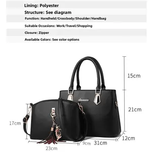 Detailed size chart of large tote and small crossbody bag set in black faux leather