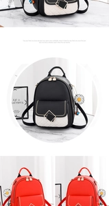 Detail of red quilted faux leather backpack with gold geometric buckle and daisy charm