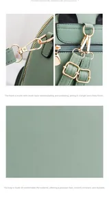 Detail of green PU leather backpack with gold plating hardware and textured fabric
