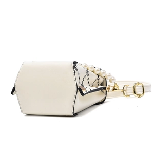 White PU leather crossbody bag with geometric stitching and pearl handle decoration