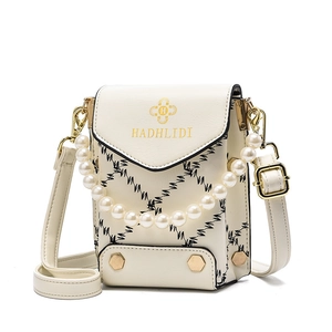 Chic cream white PU crossbody phone bag with pearl handle and geometric print