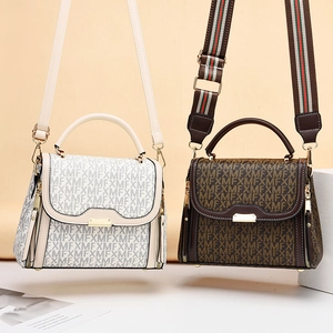 Chic monogram tote bags in grey and brown with adjustable striped shoulder straps
