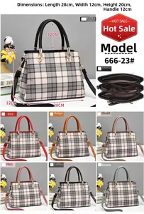 Detailed view of plaid crossbody bag dimensions 28x12x20cm and seven color options