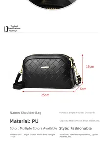 Detail view of black woven texture crossbody bag with gold accents and size dimensions