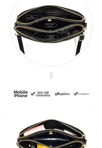 Crossbody bag interior detail showing multiple pockets for phone, umbrella and makeup